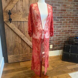 SOLD --  Burnt Orange Lace Floral Duster Kimono | NOT FOR SALE